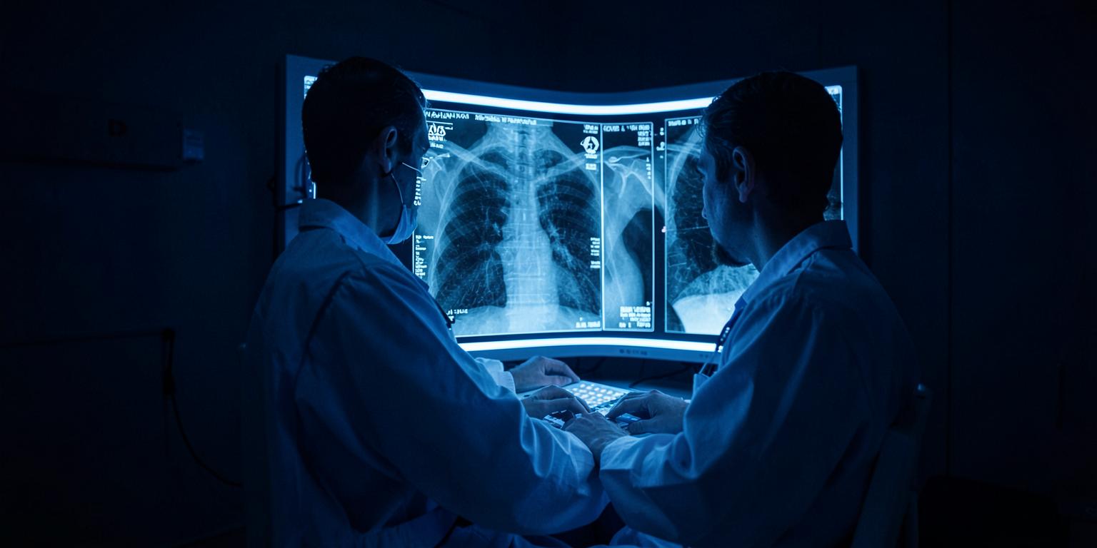 Médicos analisando radiografias de tórax em um negatoscópio